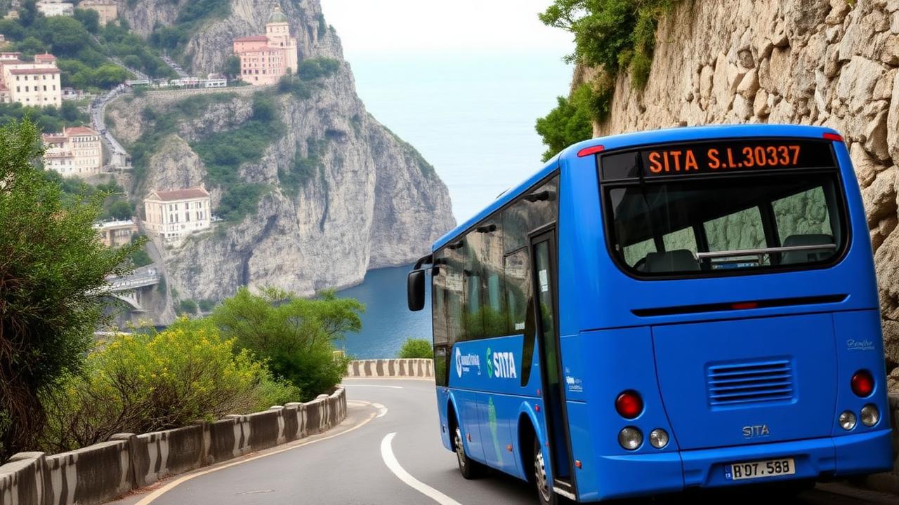 Blauer SITA-Bus auf der schmalen Küstenstraße der Amalfiküste