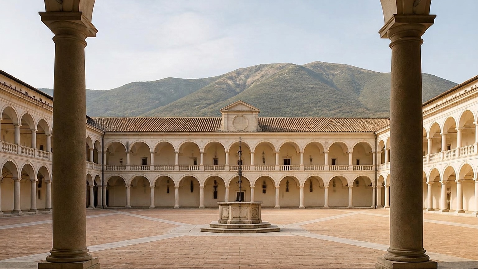Großer barocker Kreuzgang der Certosa di Padula mit zweigeschossigen Arkaden und zentralem Brunnen