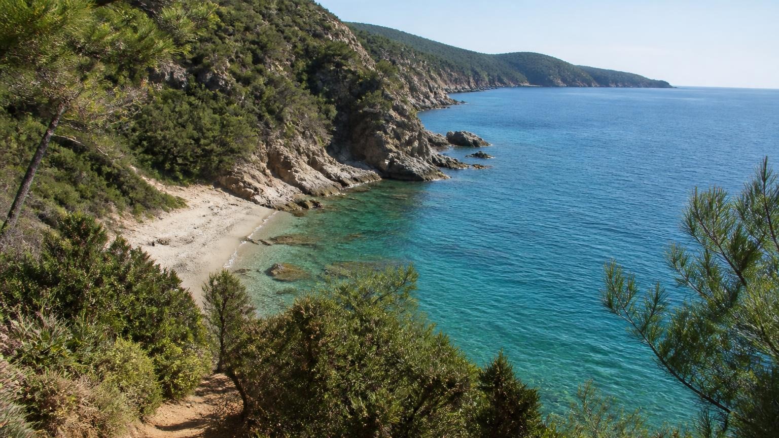 Naturbelassene Felsküste des Cilento mit Macchia, Pinien und türkisfarbener Sandbucht