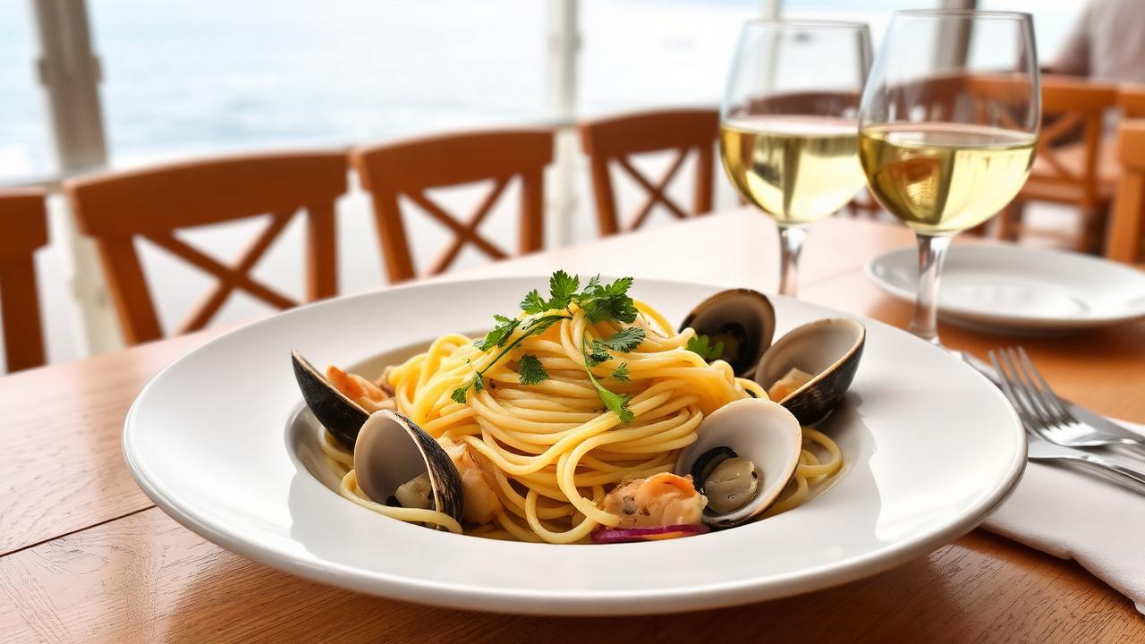 Teller mit Spaghetti alle vongole und Weißwein in einer Trattoria am Meer