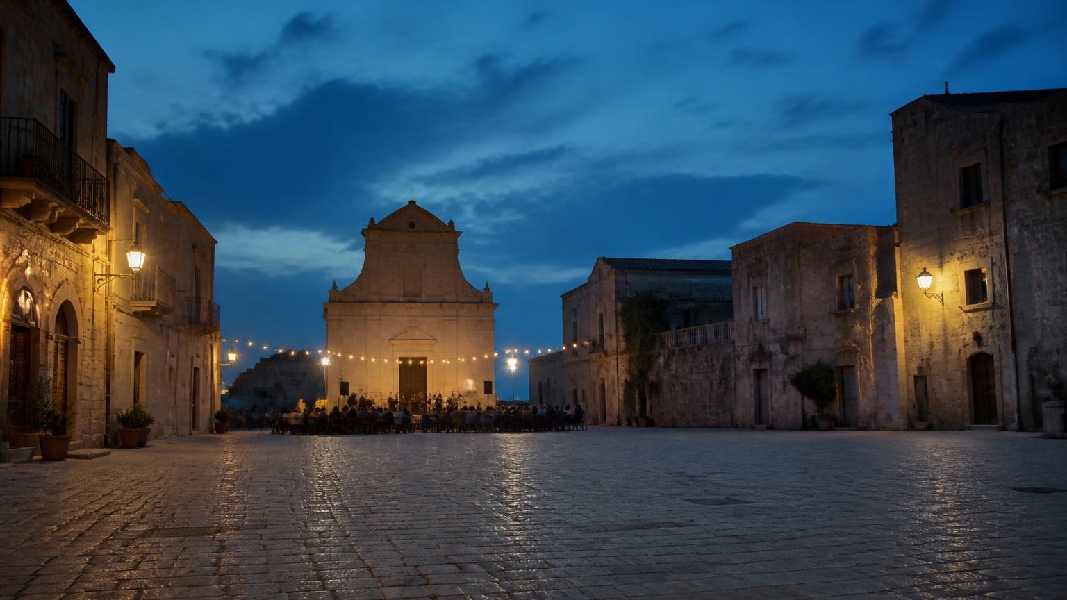 Abendliche Piazza mit Lichterketten und kleiner Bühne vor einer historischen Kirche