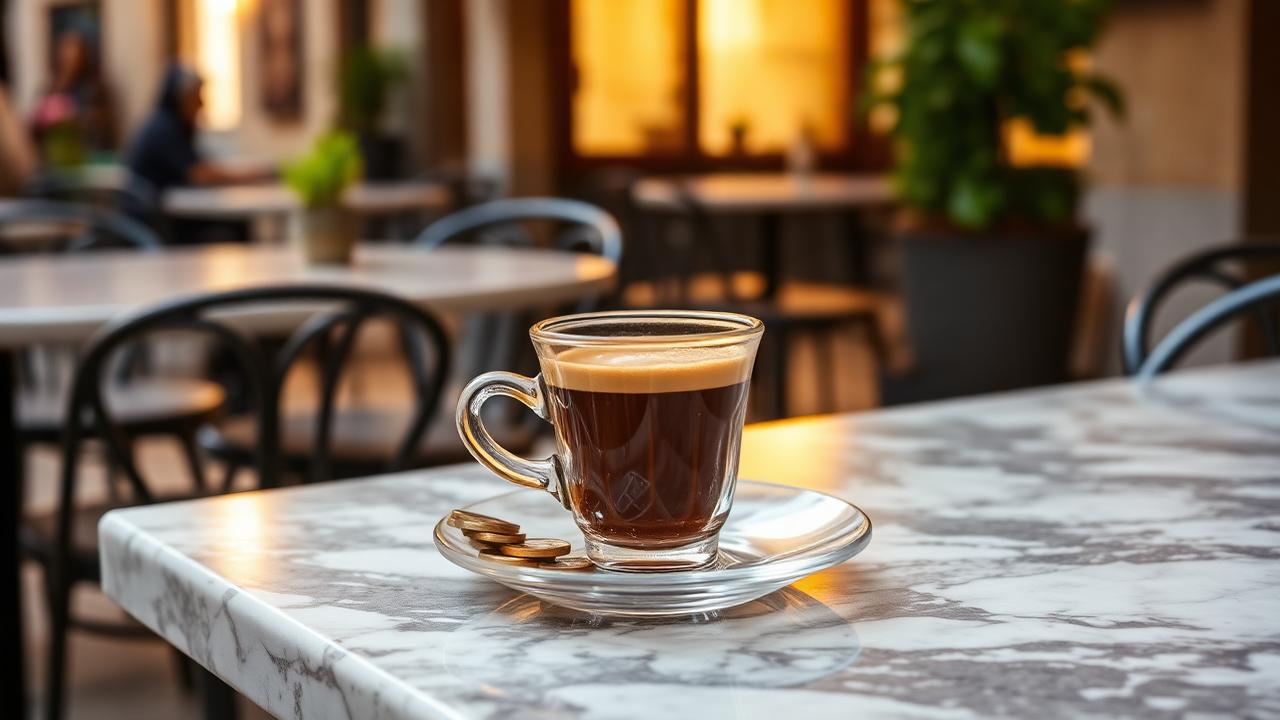Espresso und Münzen auf einem Marmortisch in einem italienischen Café
