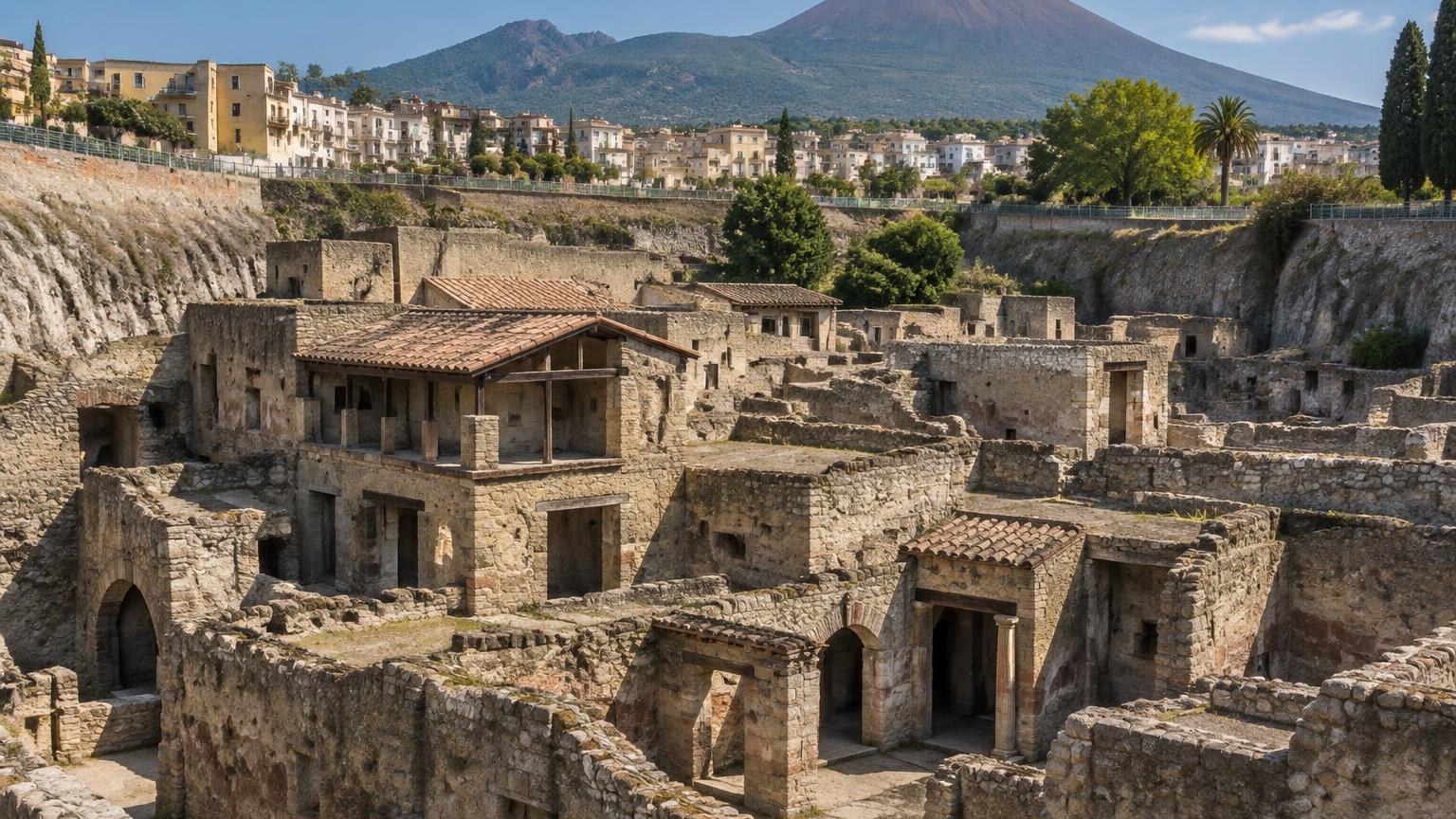 Antike zweistöckige Häuser in der Ausgrabungssenke von Herculaneum, dahinter der Vesuv