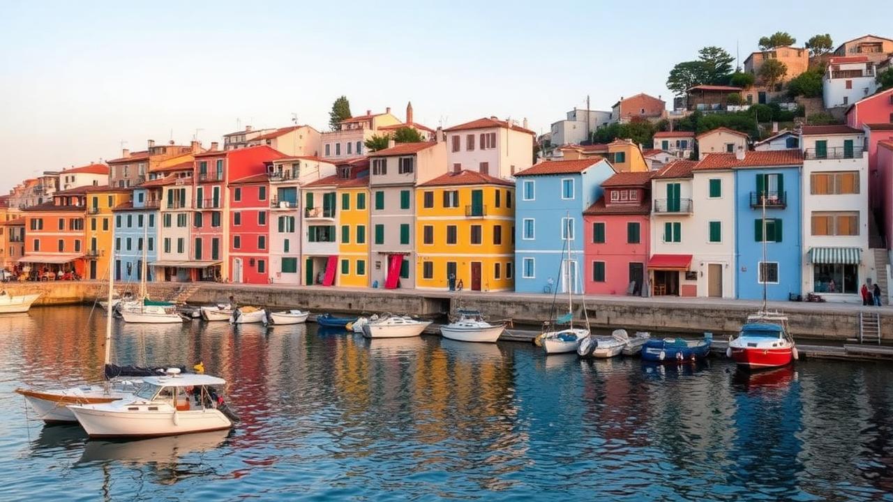Bunte Häuser eines Hafenorts auf einer Insel im Golf von Neapel