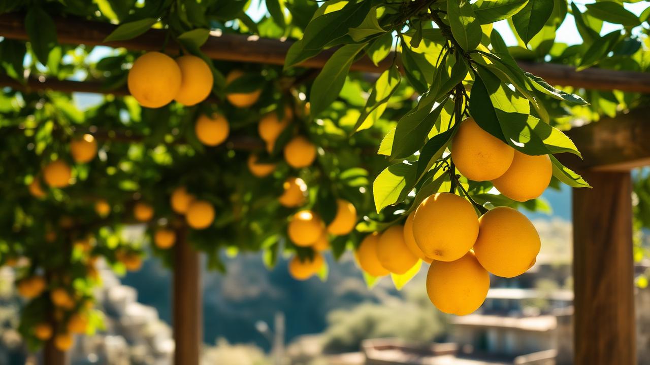 Goldgelbe Sfusato-Zitronen hängen in einem Pergola-Garten an der Amalfiküste