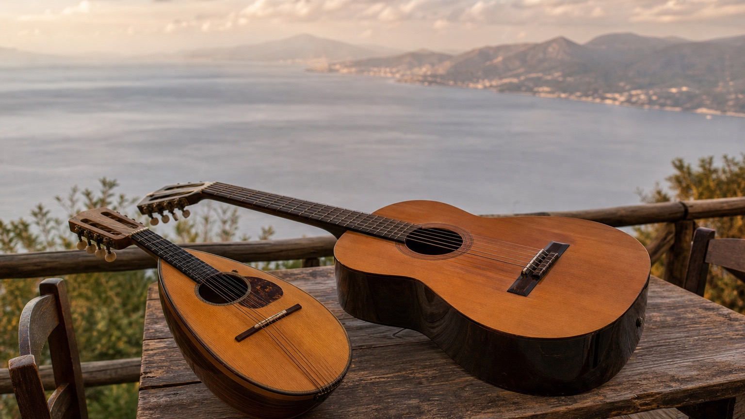 Mandoline und Gitarre auf einem Tisch über dem Golf von Neapel