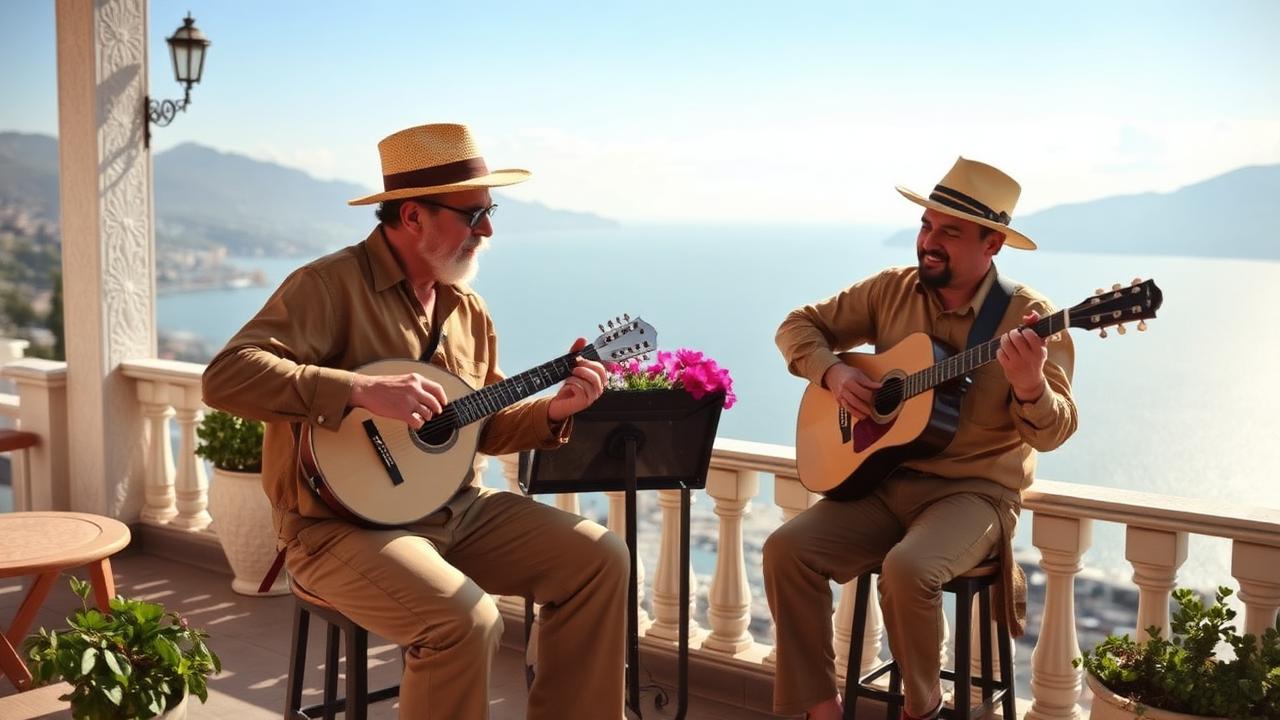 Neapolitanische Musiker mit Mandoline und Gitarre auf einer Terrasse über dem Golf von Neapel