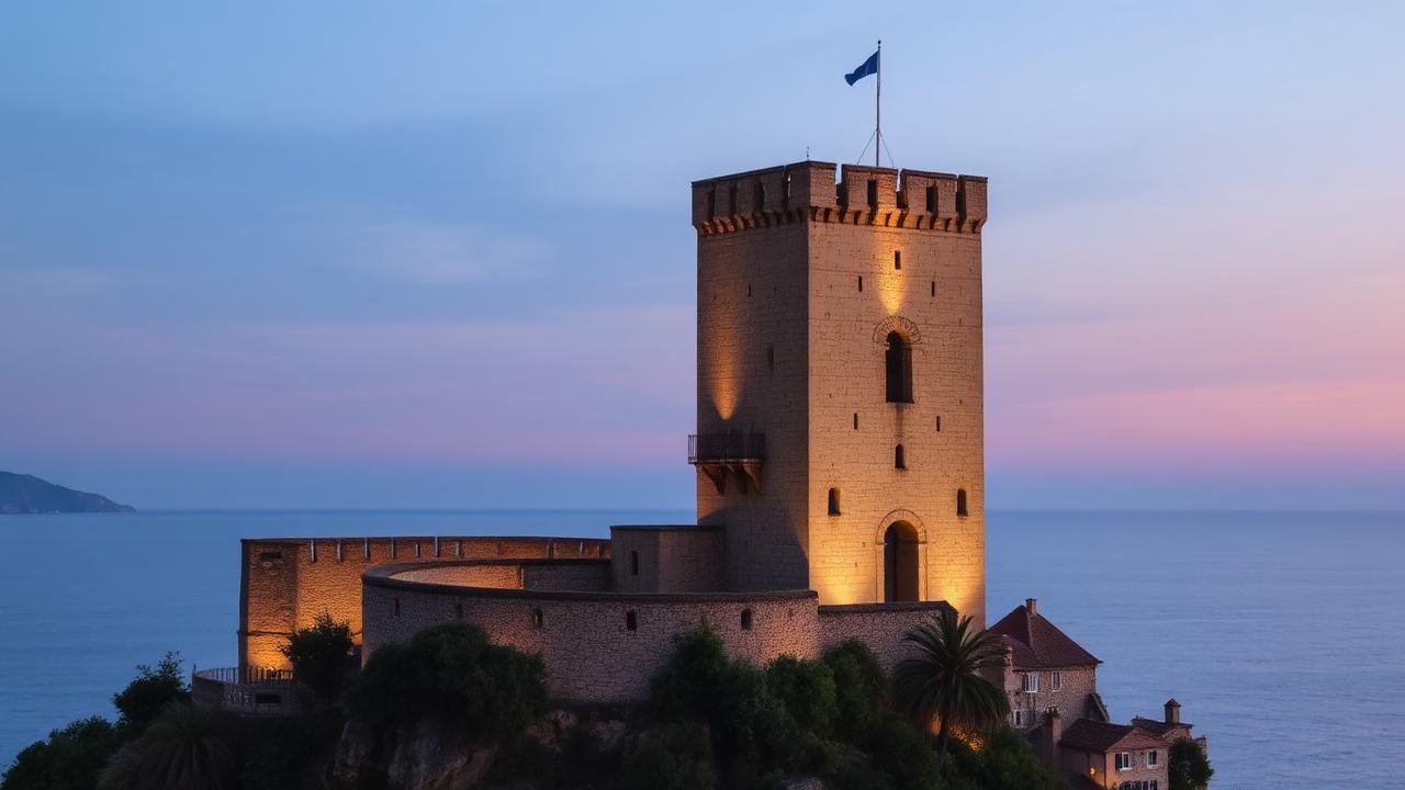 Normannisch-stauferischer mittelalterlicher Turm an der Küste in der Abenddämmerung