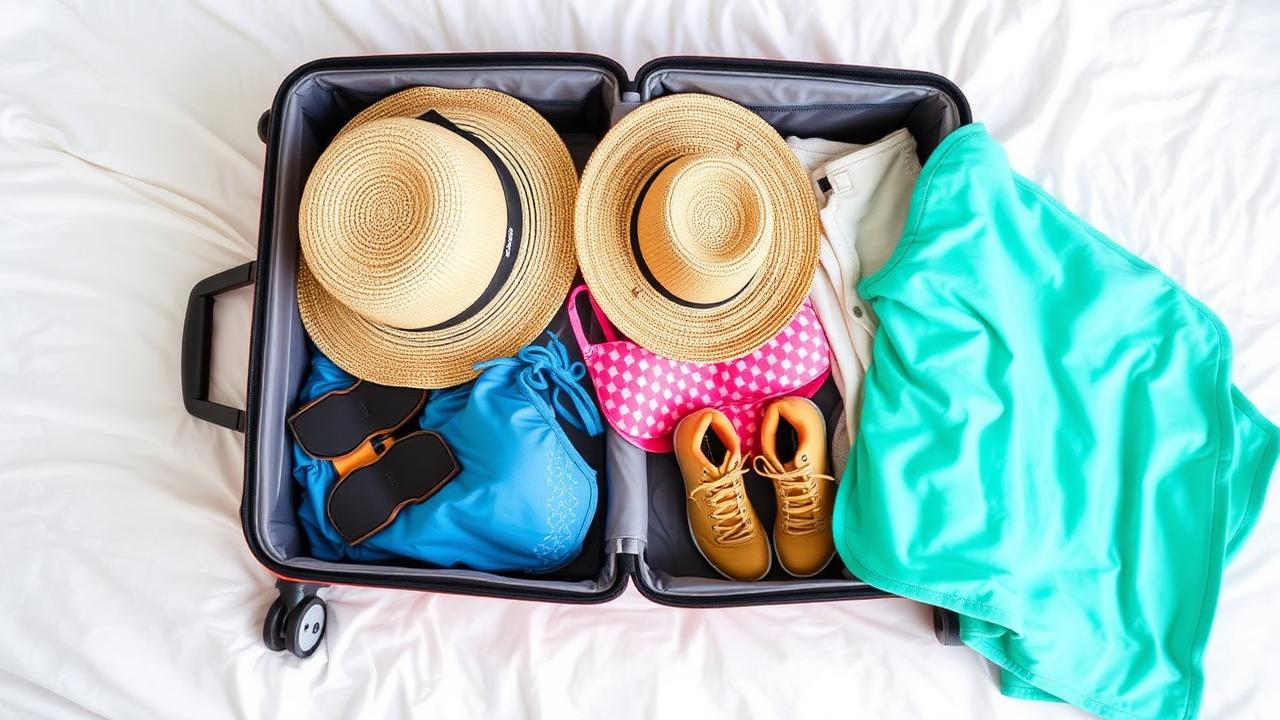 Geöffneter Koffer mit leichter Sommerkleidung, Sonnenhut und Wanderschuhen