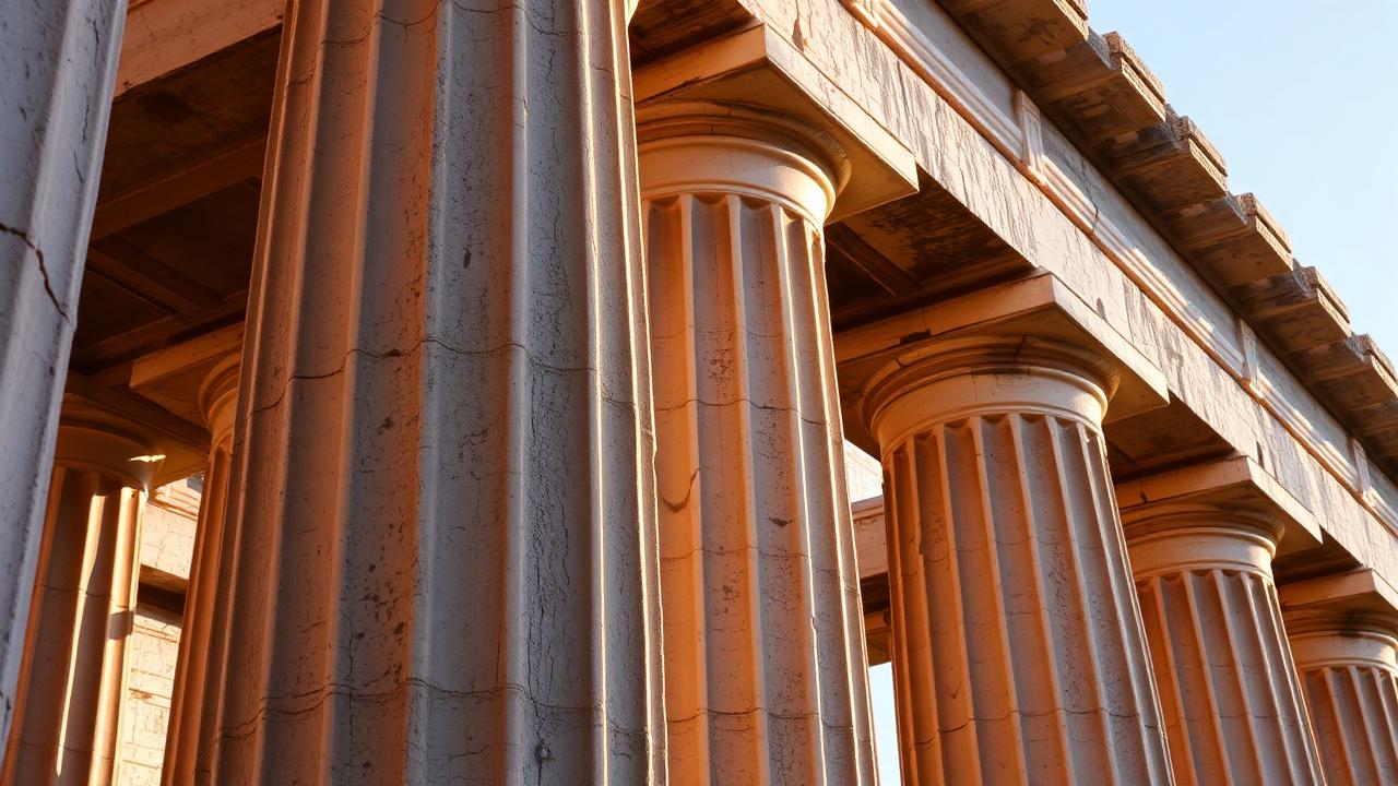 Detail einer dorischen Säule am Tempel von Paestum im warmen Abendlicht