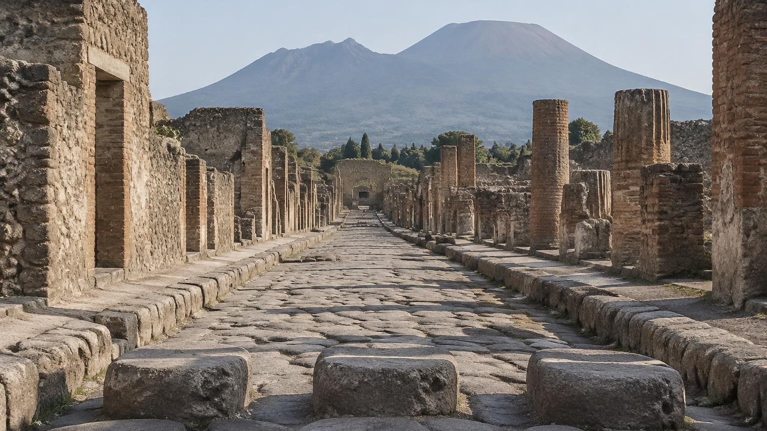 Antike gepflasterte Straße mit Trittsteinen und Ziegelmauern in Pompeji, im Dunst der Vesuv als Doppelberg