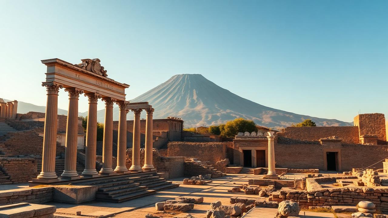 Ruinen von Pompeji mit Säulen und dem Vesuv im Hintergrund