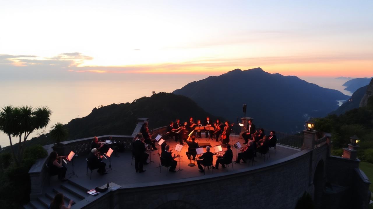 Klassisches Konzert auf der Cliff-Bühne der Villa Rufolo bei Sonnenuntergang