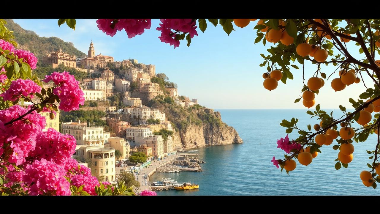 Blick auf die Amalfiküste im Frühling mit blühenden Bougainvillea und Zitronenbäumen