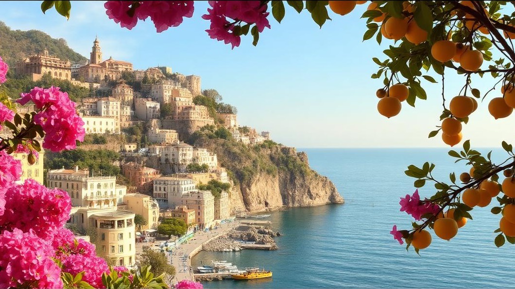 Blick auf die Amalfiküste im Frühling mit blühenden Bougainvillea und Zitronenbäumen