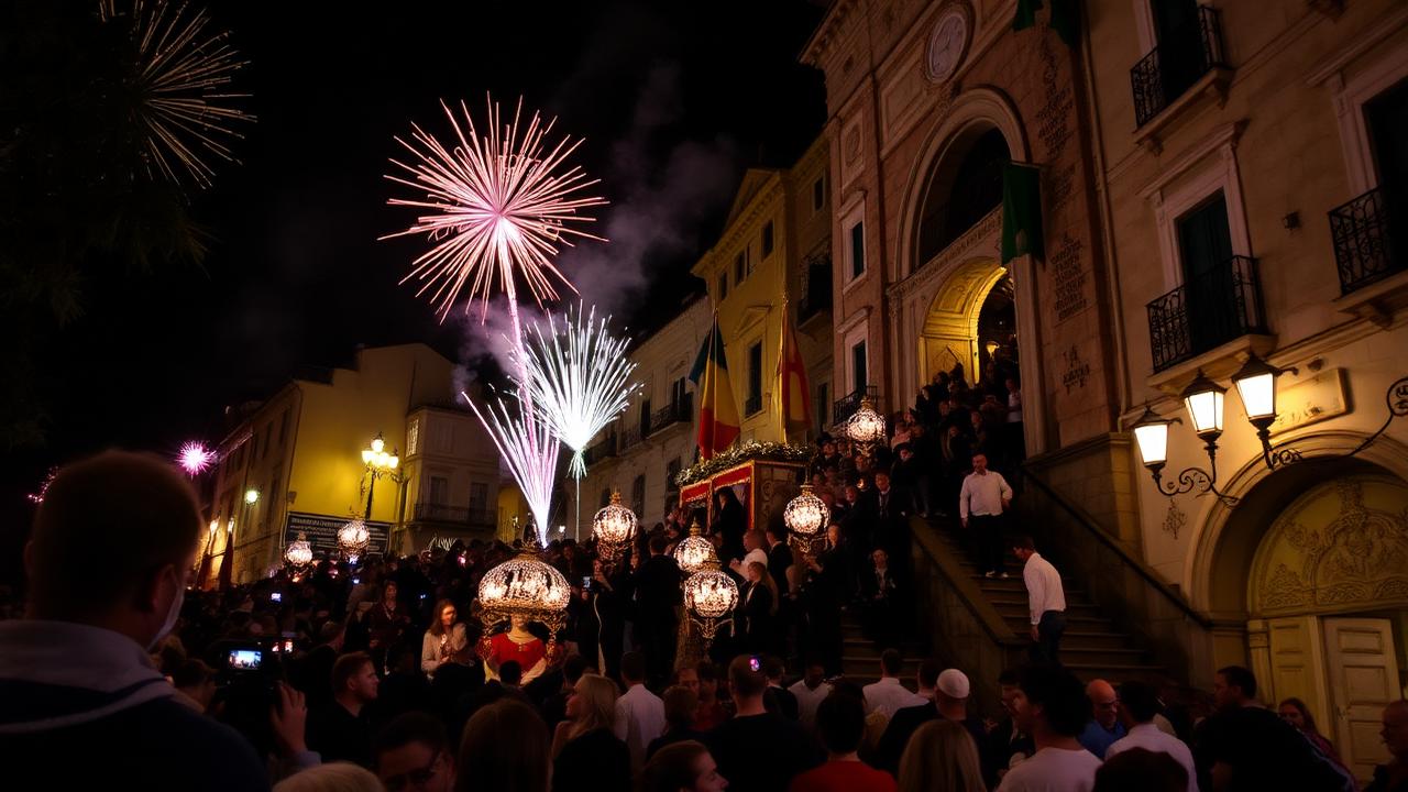 Nächtliche Prozession des heiligen Andreas auf der Domtreppe in Amalfi mit Feuerwerk