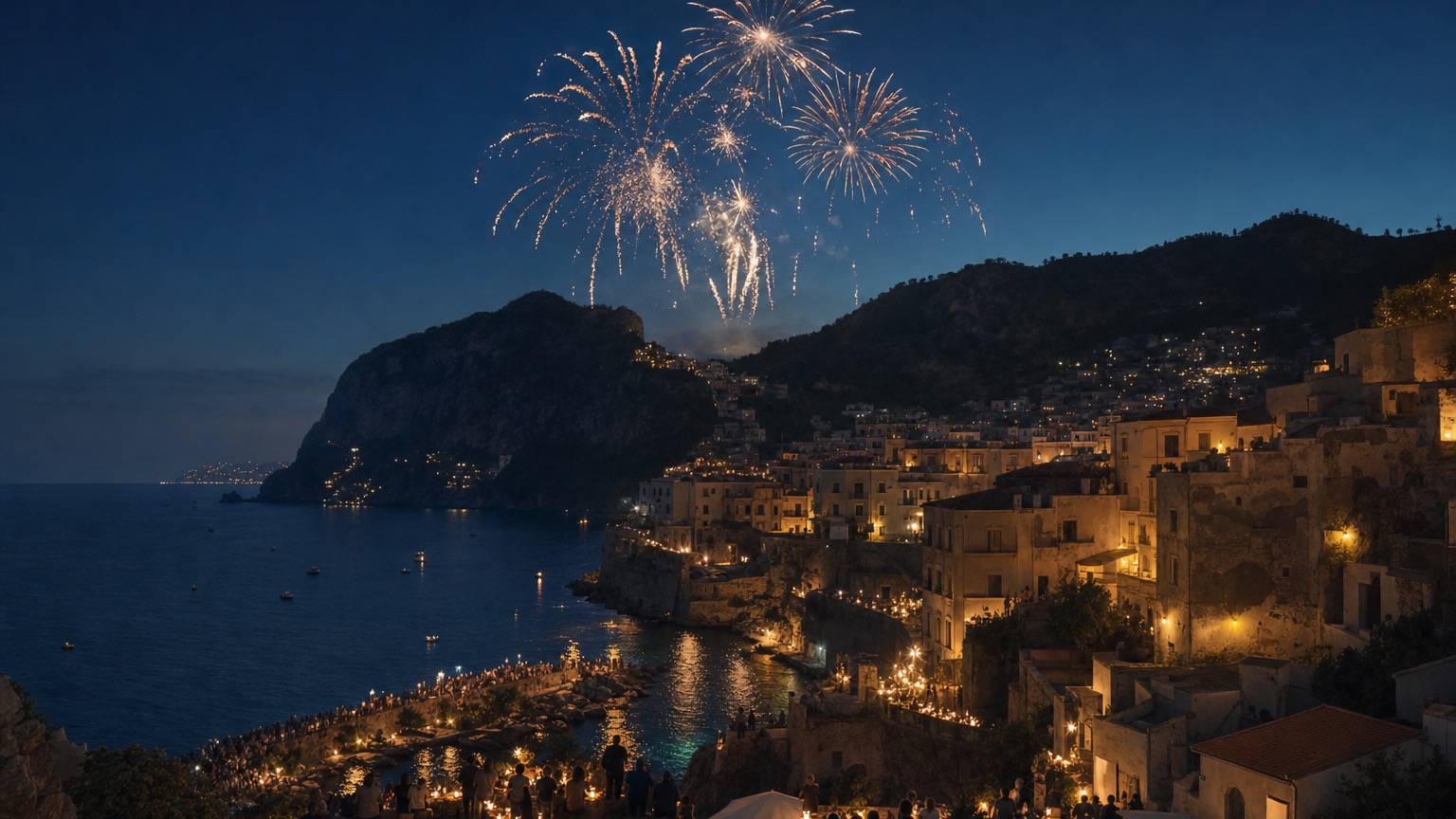 Feuerwerk über einer Küstenstadt bei der Festa di Sant'Andrea