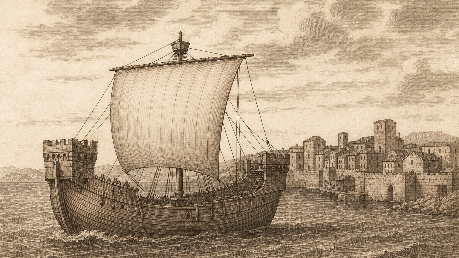 Historische Stich-Darstellung eines mittelalterlichen Segelschiffs vor einer Hafenstadt