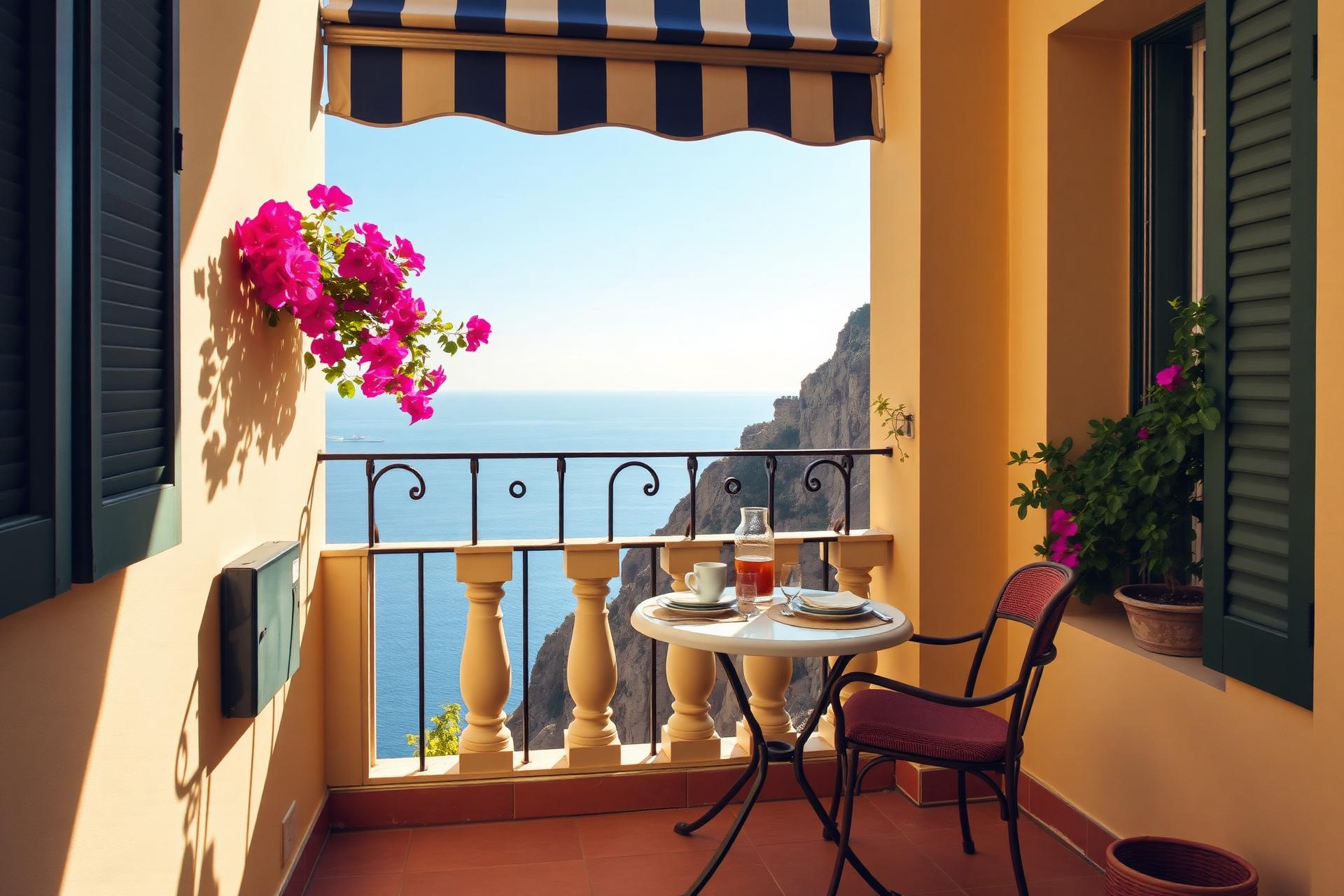 Hotelbalkon mit gedecktem Frühstückstisch, Bougainvillea und Blick auf Meer und Steilküste