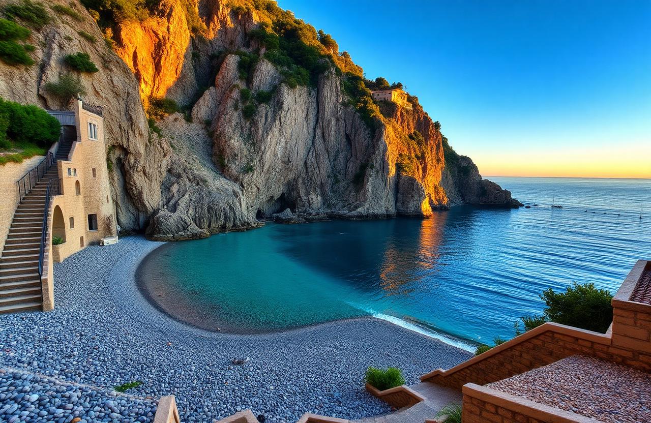 Kleine Bucht der Spiaggia di Arienzo östlich von Positano mit türkisem Wasser und steiler Felsküste