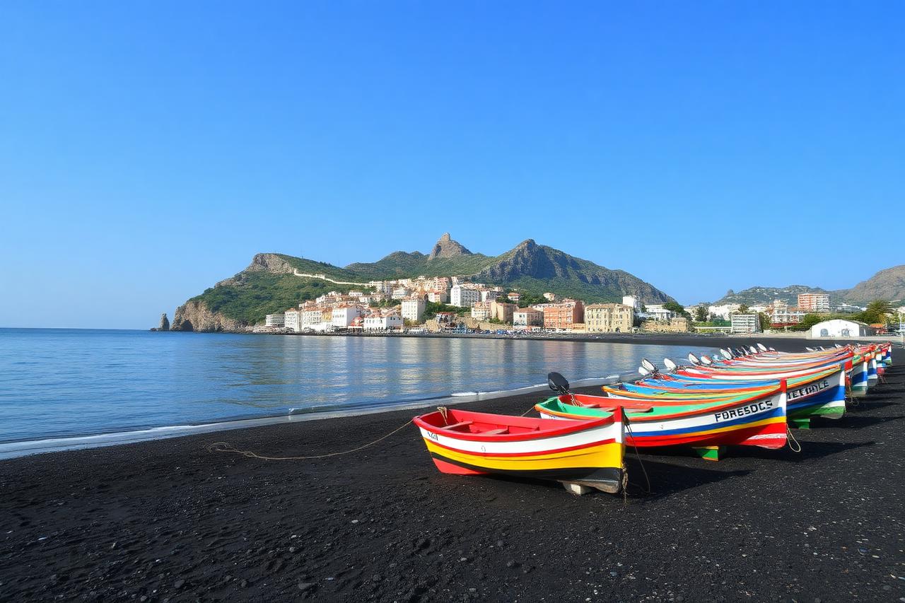 Kleiner Strand am Hafen von Cetara mit Fischerbooten