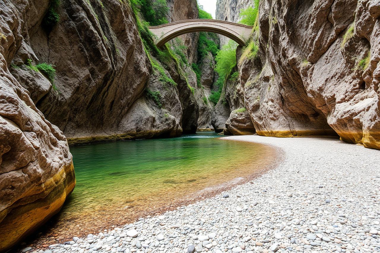 Winziger Strand der Spiaggia di Furore unter der Brücke