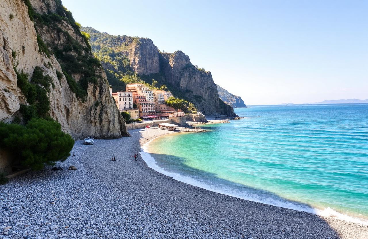 Spiaggia della Gavitella in Praiano mit hohen Felsen und türkisem Meer