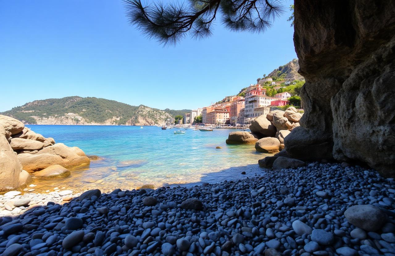 Felsbucht Spiaggia di Lannio bei Cetara mit Steinen, klarem Wasser und Blick auf den Ort