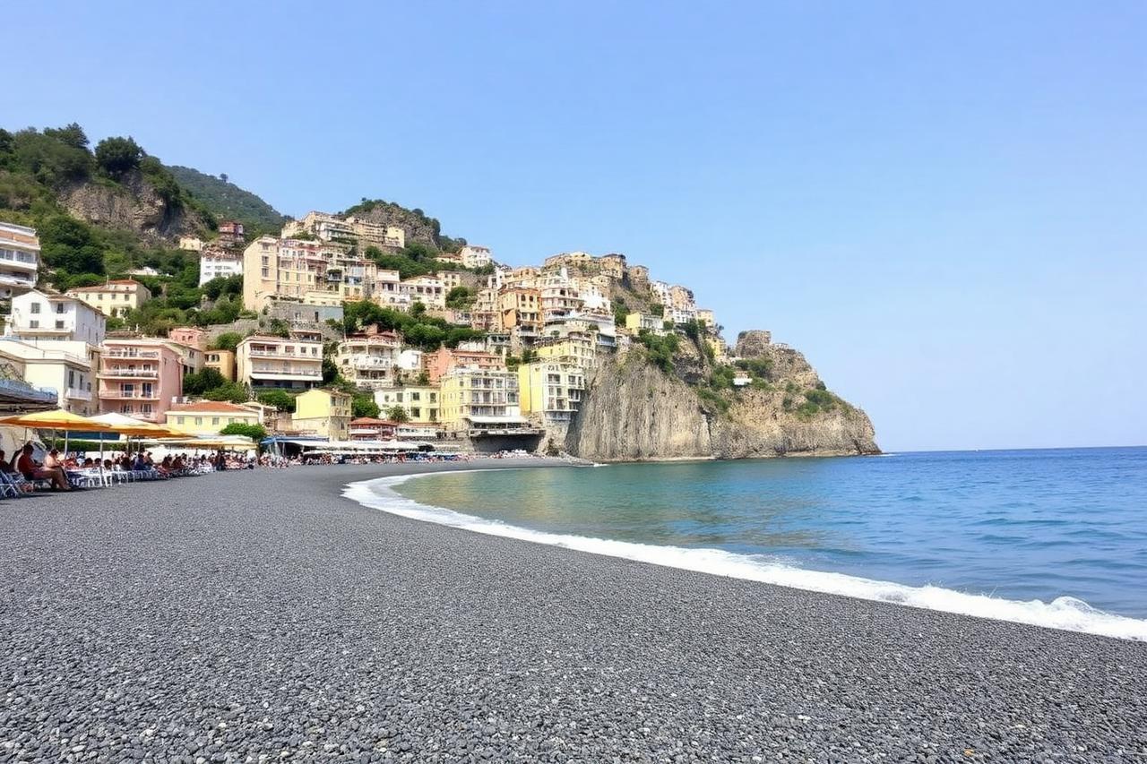 Dunkler Kiesstrand Spiaggia Grande in Positano mit pastellfarbenen Häusern dahinter