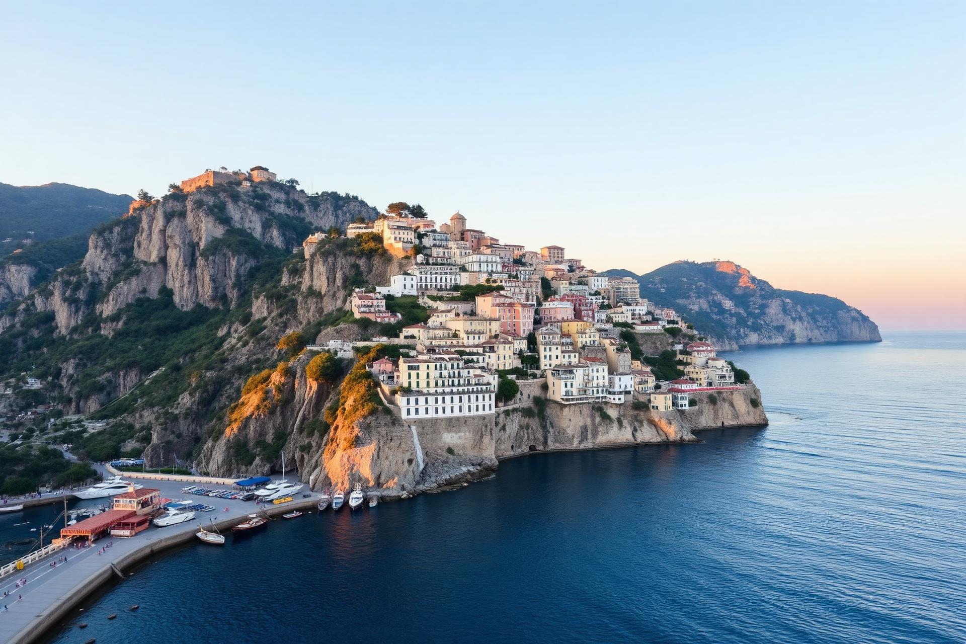 Pastellfarbene Häuser von Positano über dem Tyrrhenischen Meer im Abendlicht.
