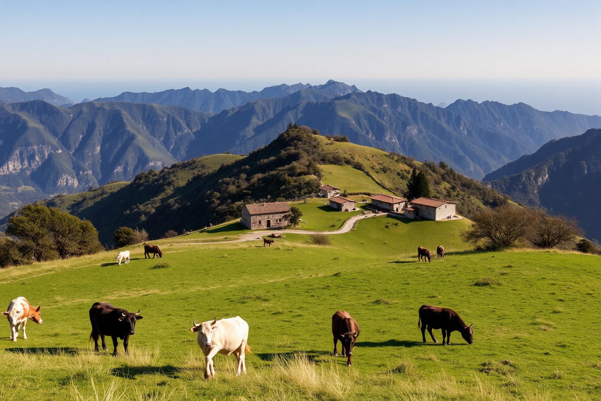 Weidende Kühe auf der grünen Hochebene von Agerola, dahinter die Gipfel der Monti Lattari