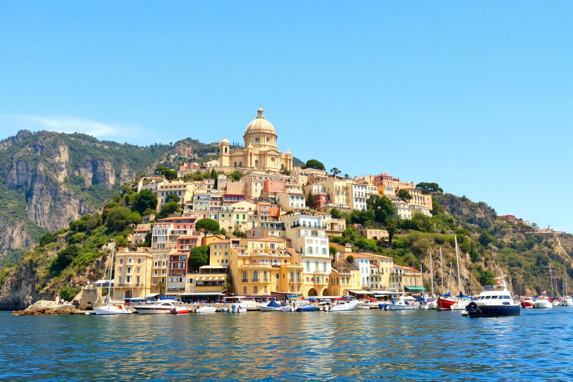 Häuser von Amalfi mit dem Dom über dem Hafen am Tyrrhenischen Meer