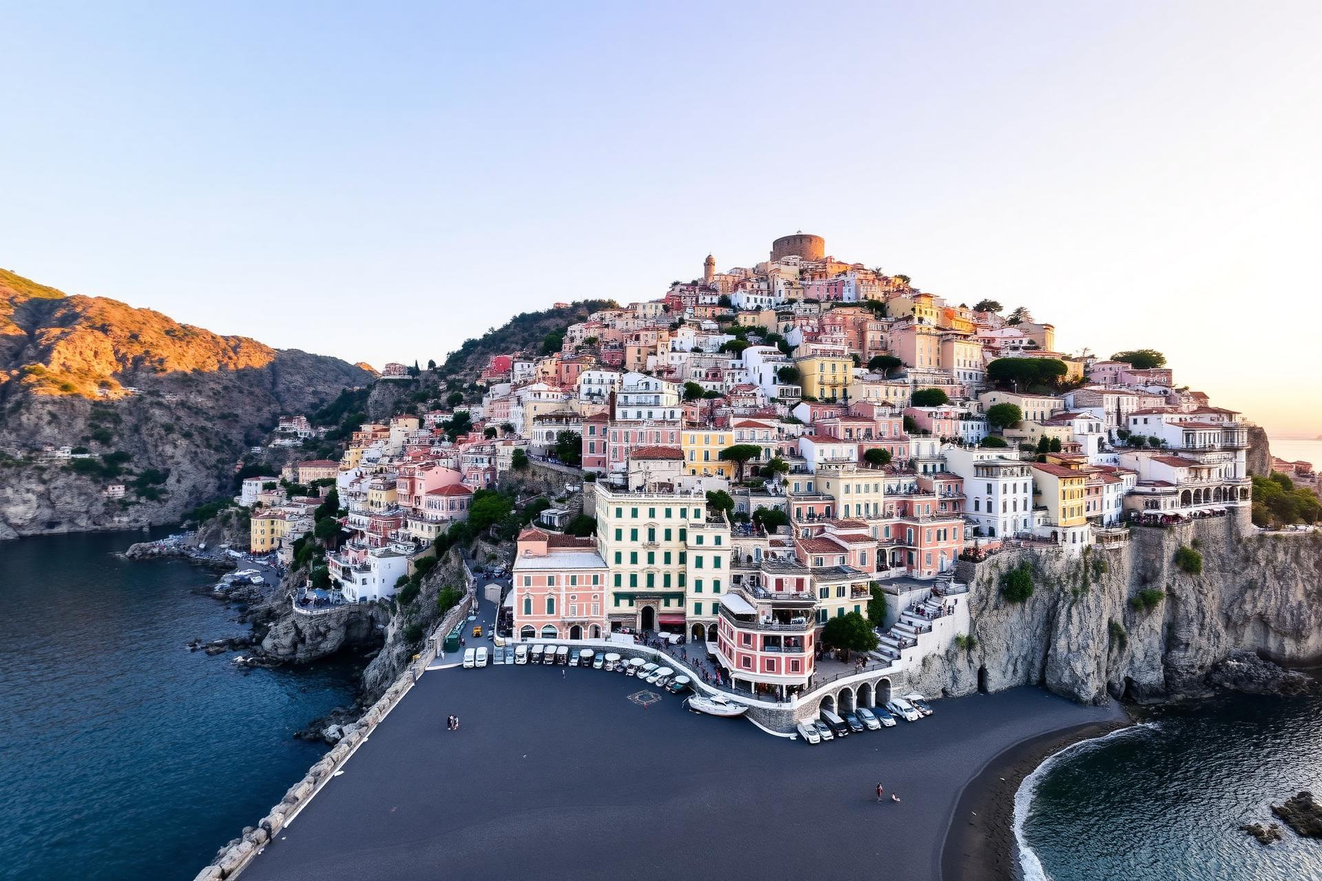 Verschachtelte Häuser von Atrani über dem kleinen Strand und der Piazza am Meer