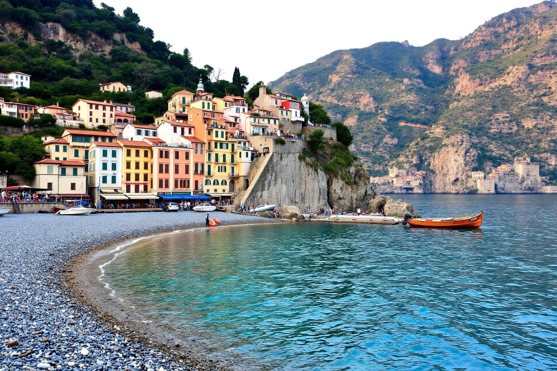 Kleiner Sandstrand und Häuser von Minori an der Amalfiküste