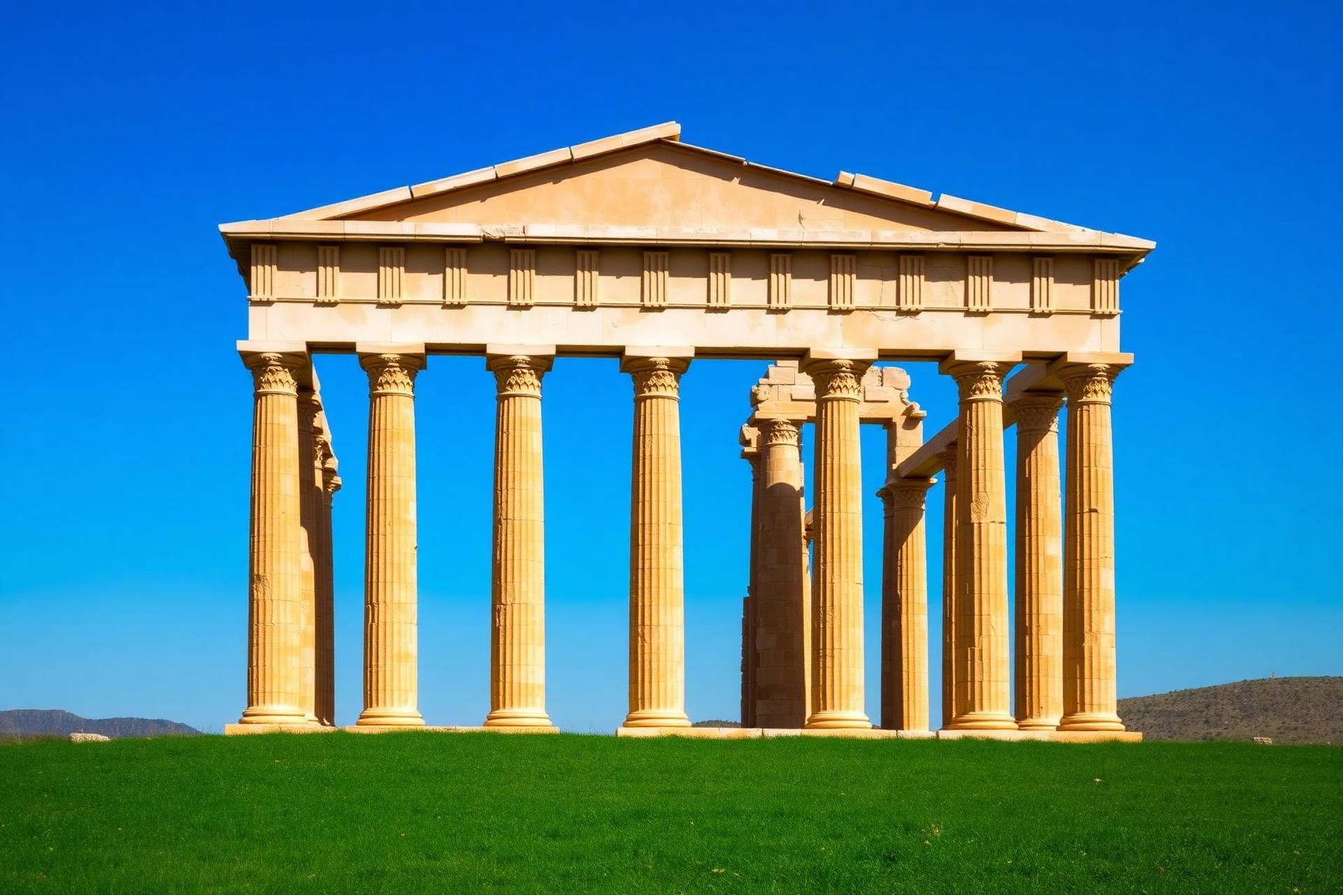 Antiker dorischer Tempel von Paestum auf einer Wiese in der Sonne