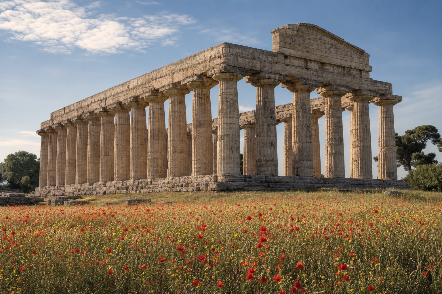 Antiker dorischer Tempel von Paestum auf einer Wiese in der Sonne