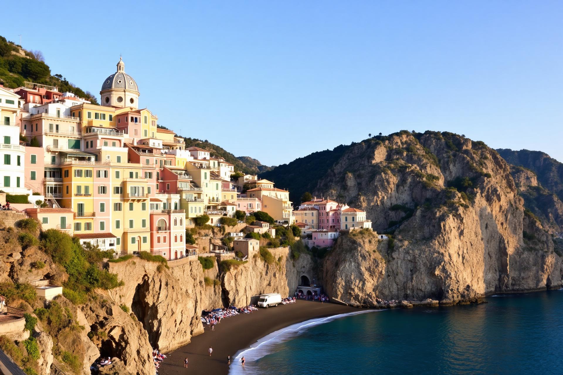 Pastellfarbene Häuser von Positano am Steilhang über der Spiaggia Grande