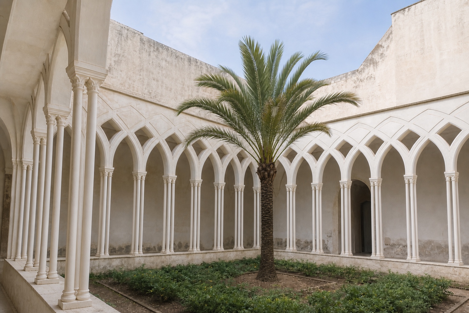 Weiße Spitzbögen des Chiostro del Paradiso in Amalfi