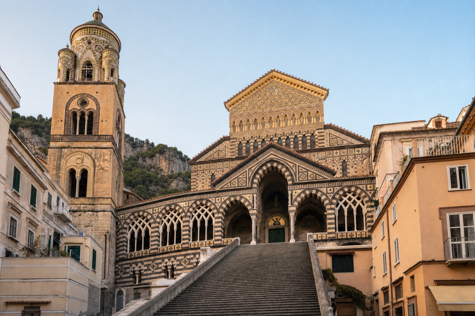 Treppe zum farbig dekorierten Dom Sant'Andrea in Amalfi