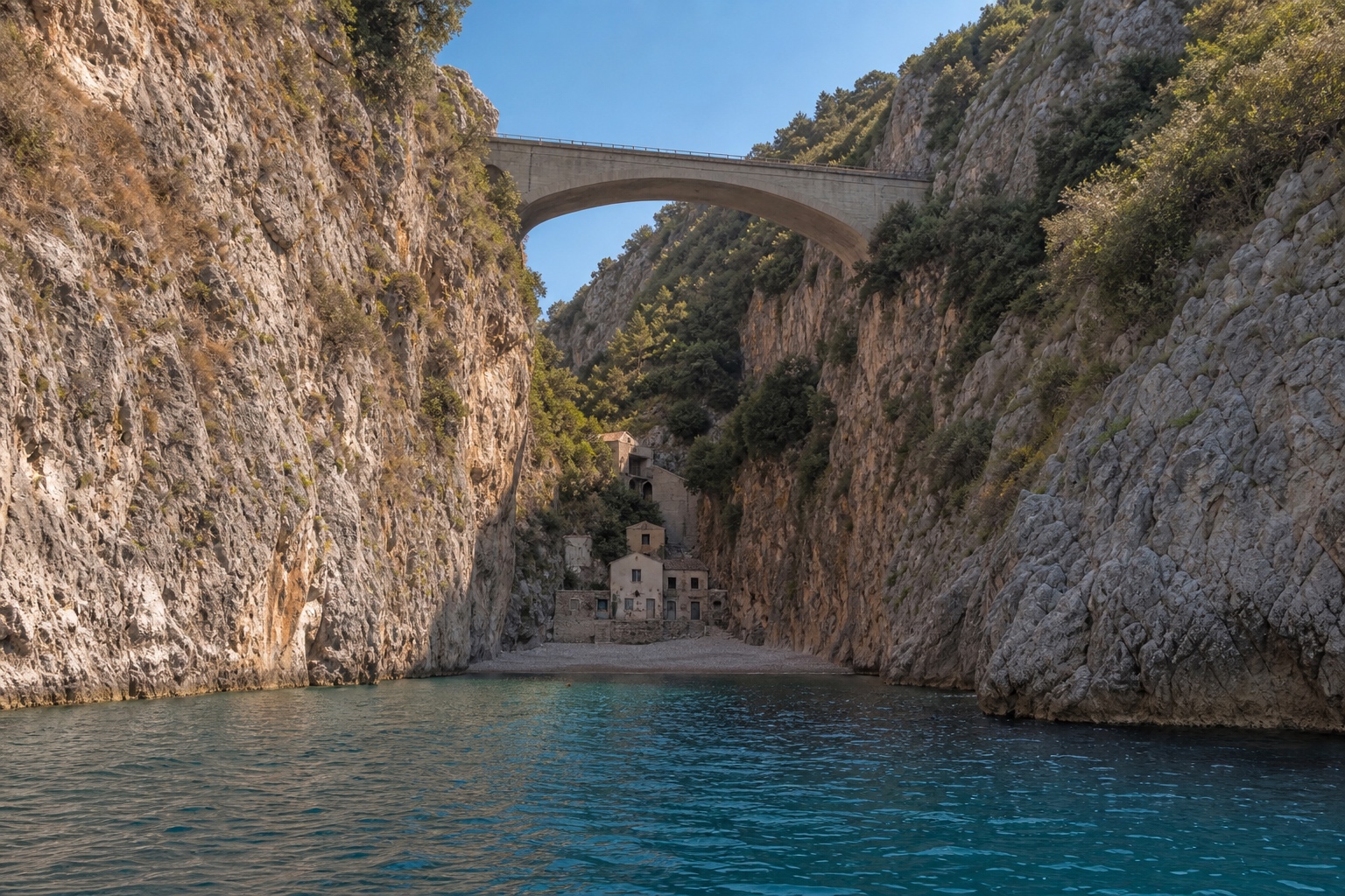 Brücke der SS163 über den Fjord von Furore mit kleinem Strand und Häusern