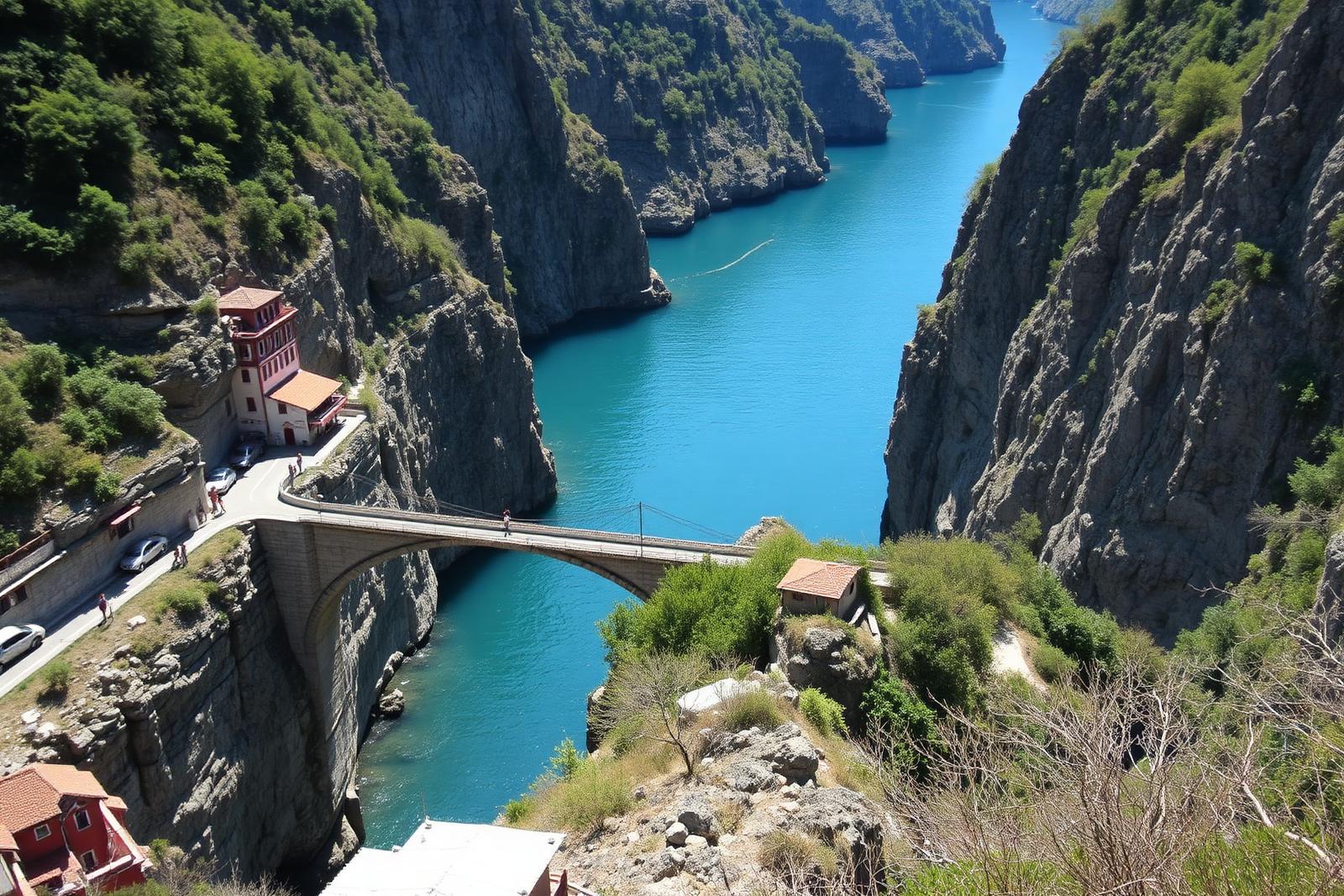 Brücke der SS163 über den Fjord von Furore mit kleinem Strand und Häusern