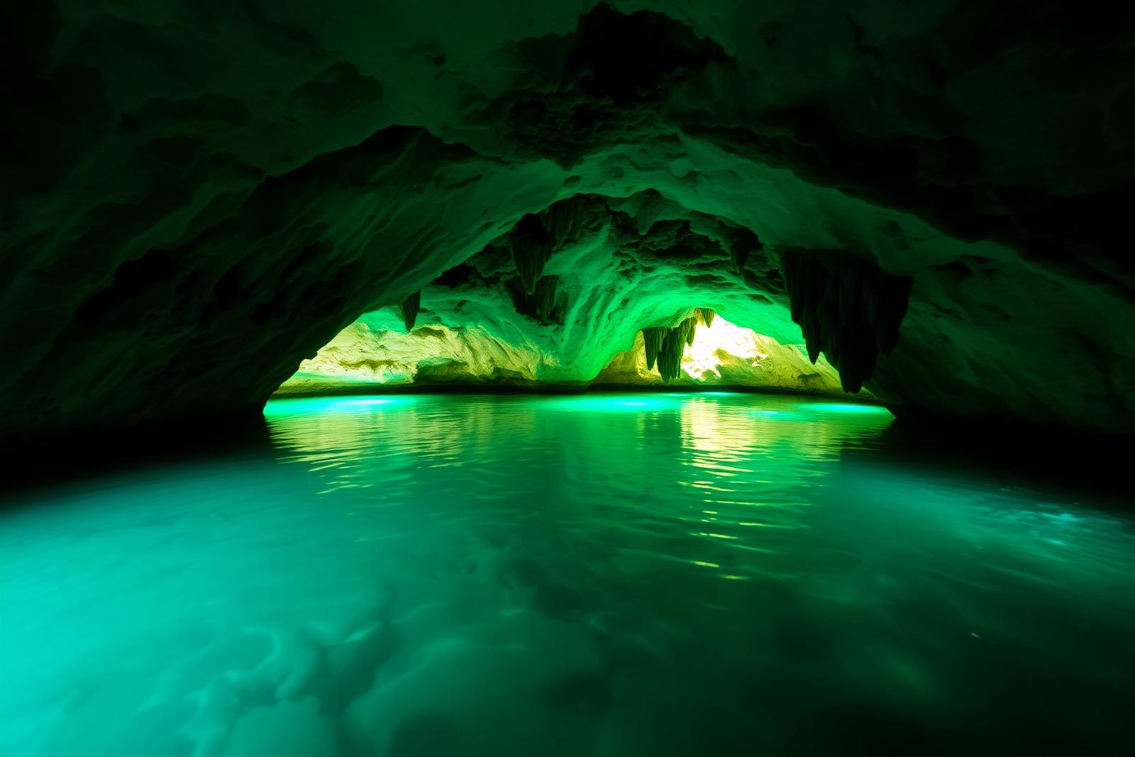 Smaragdgrün leuchtendes Wasser in der Grotta dello Smeraldo an der Amalfiküste