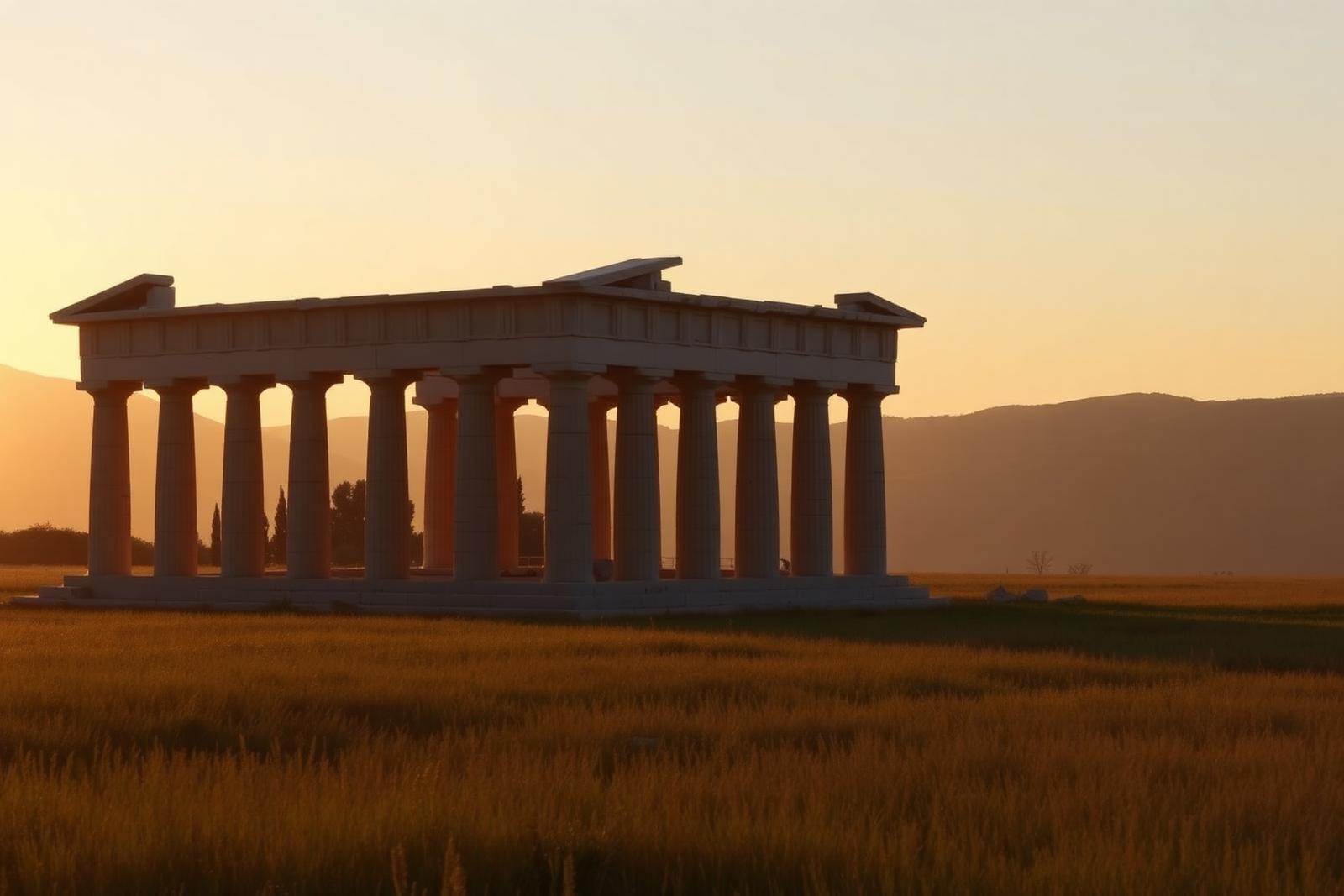 Dorischer Tempel von Paestum auf grüner Wiese unter blauem Himmel