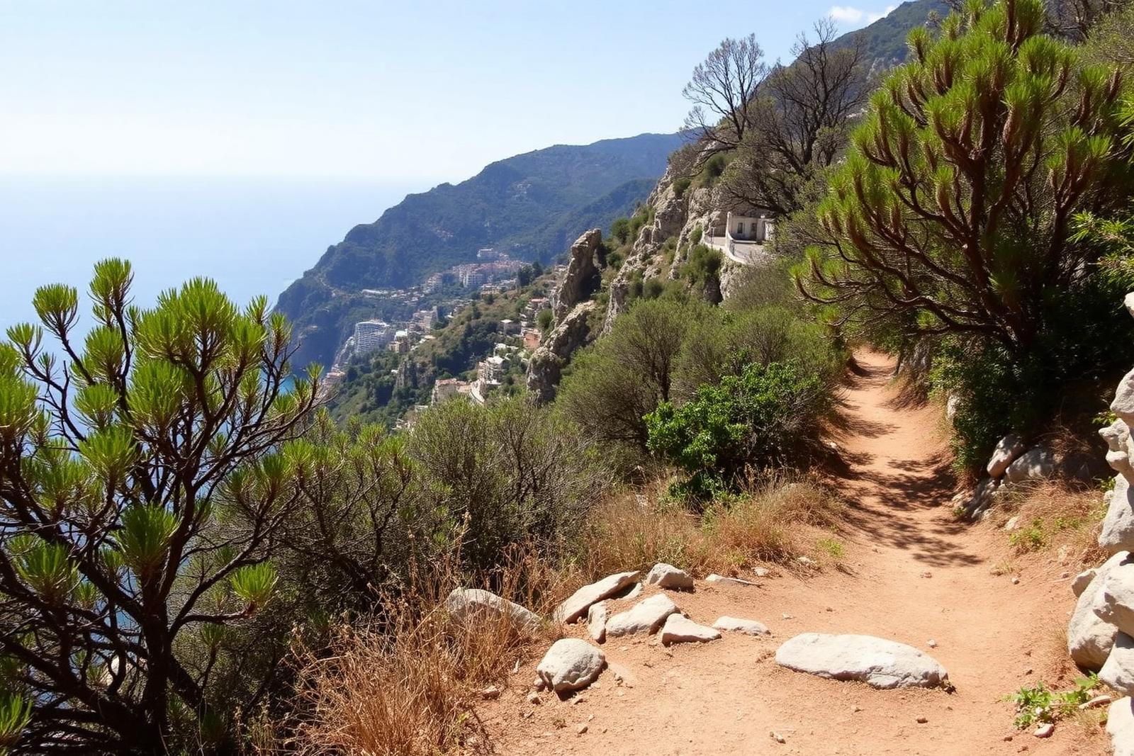 Schmaler Wanderweg Sentiero degli Dei hoch über der Amalfiküste mit Blick aufs Meer