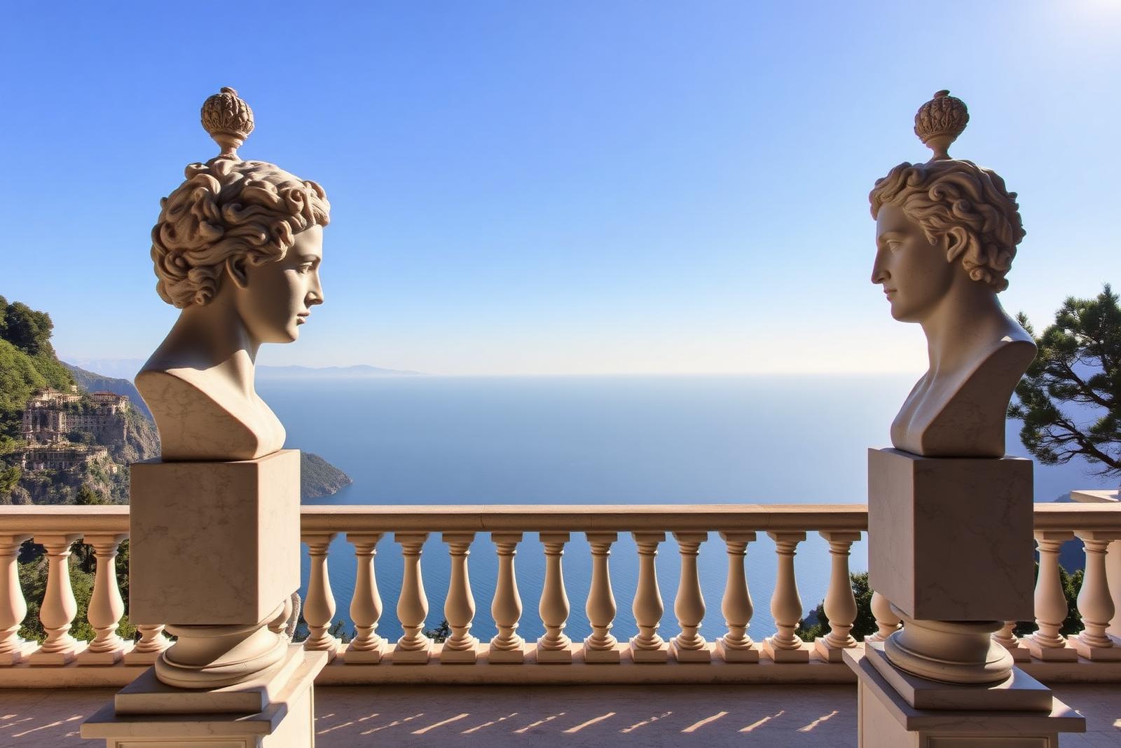 Marmorbüsten auf der Terrazza dell'Infinito der Villa Cimbrone hoch über dem Meer