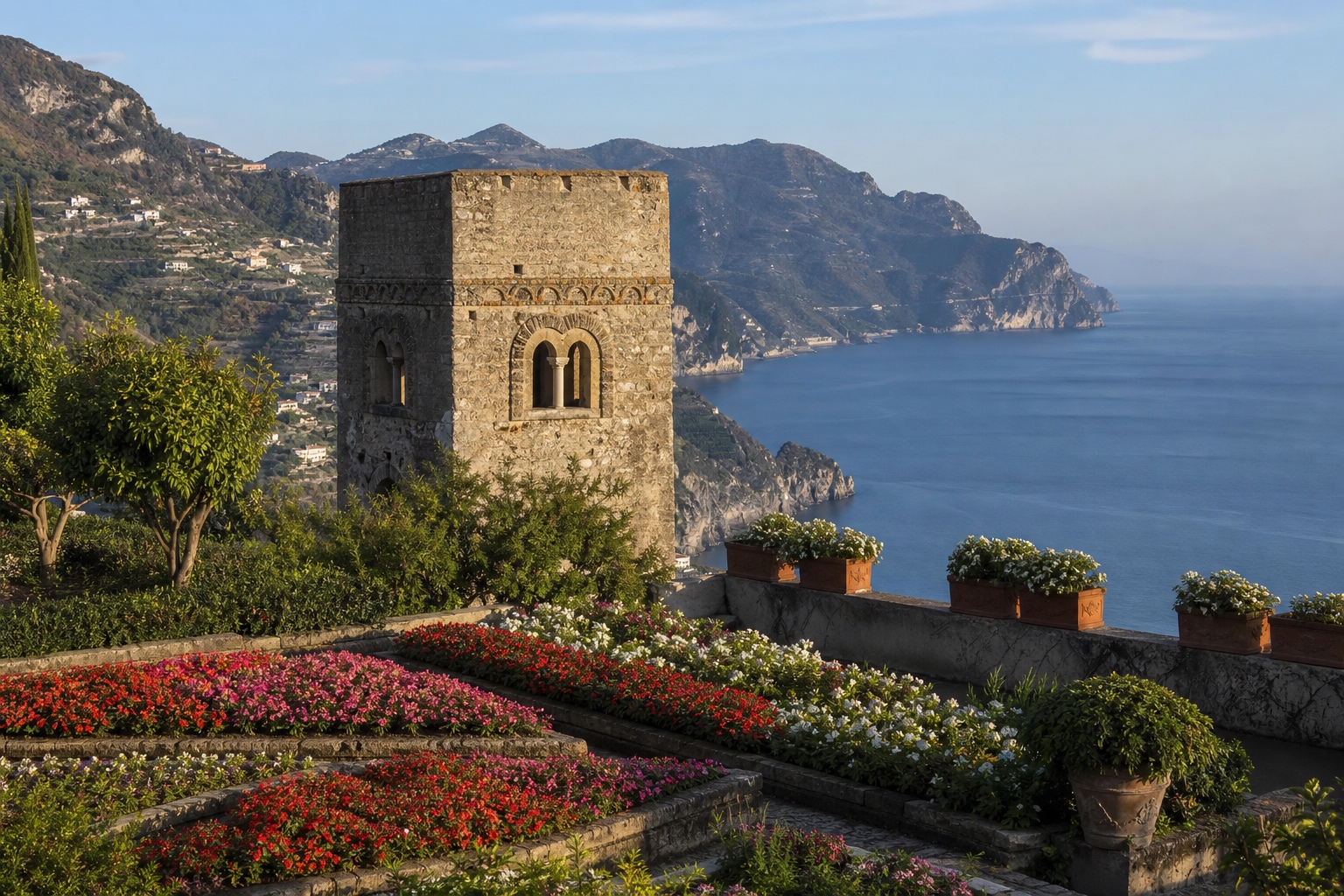 Turm und Terrassengarten der Villa Rufolo in Ravello über der Amalfiküste